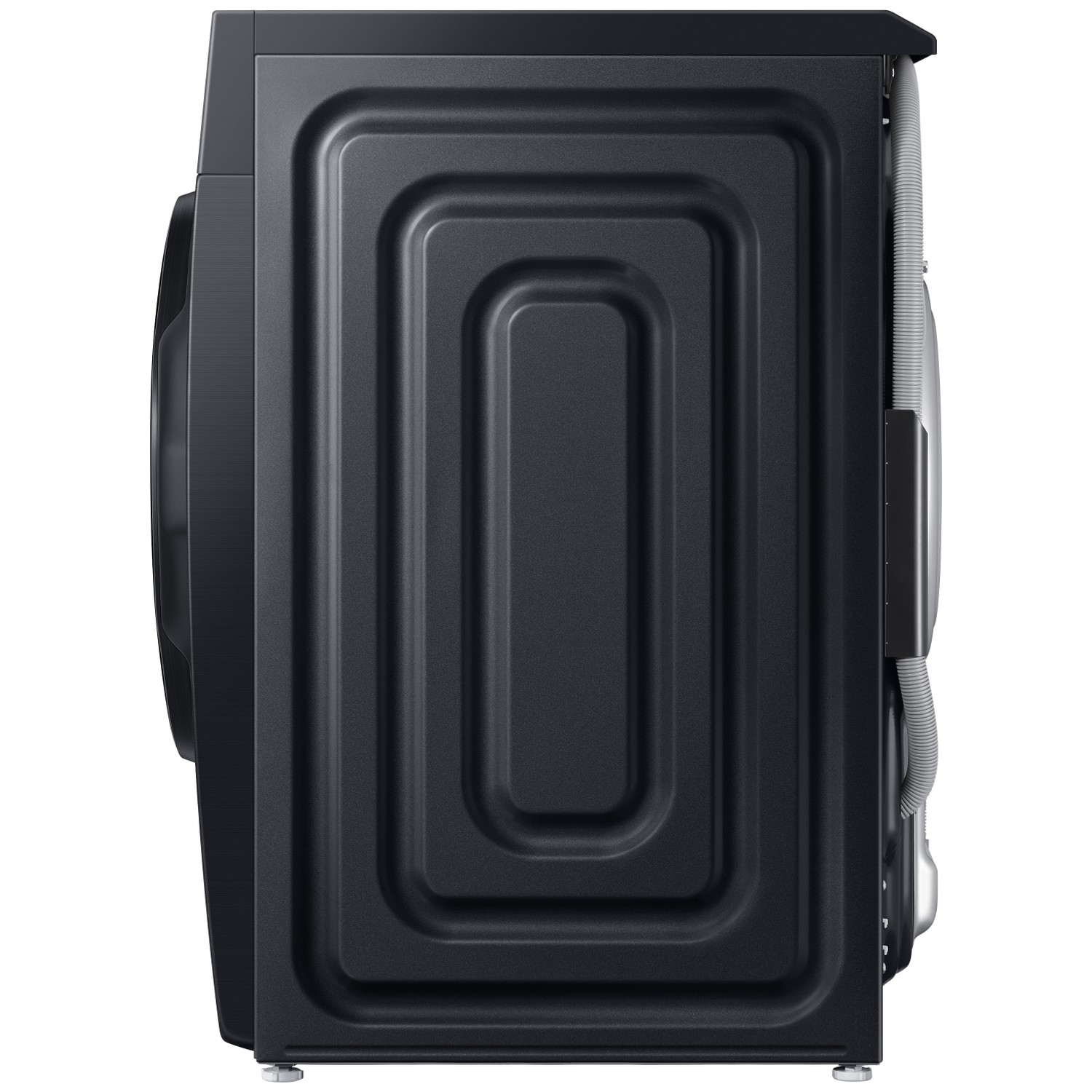 Black washing machine from the side, showing a ribbed back panel and a hose.