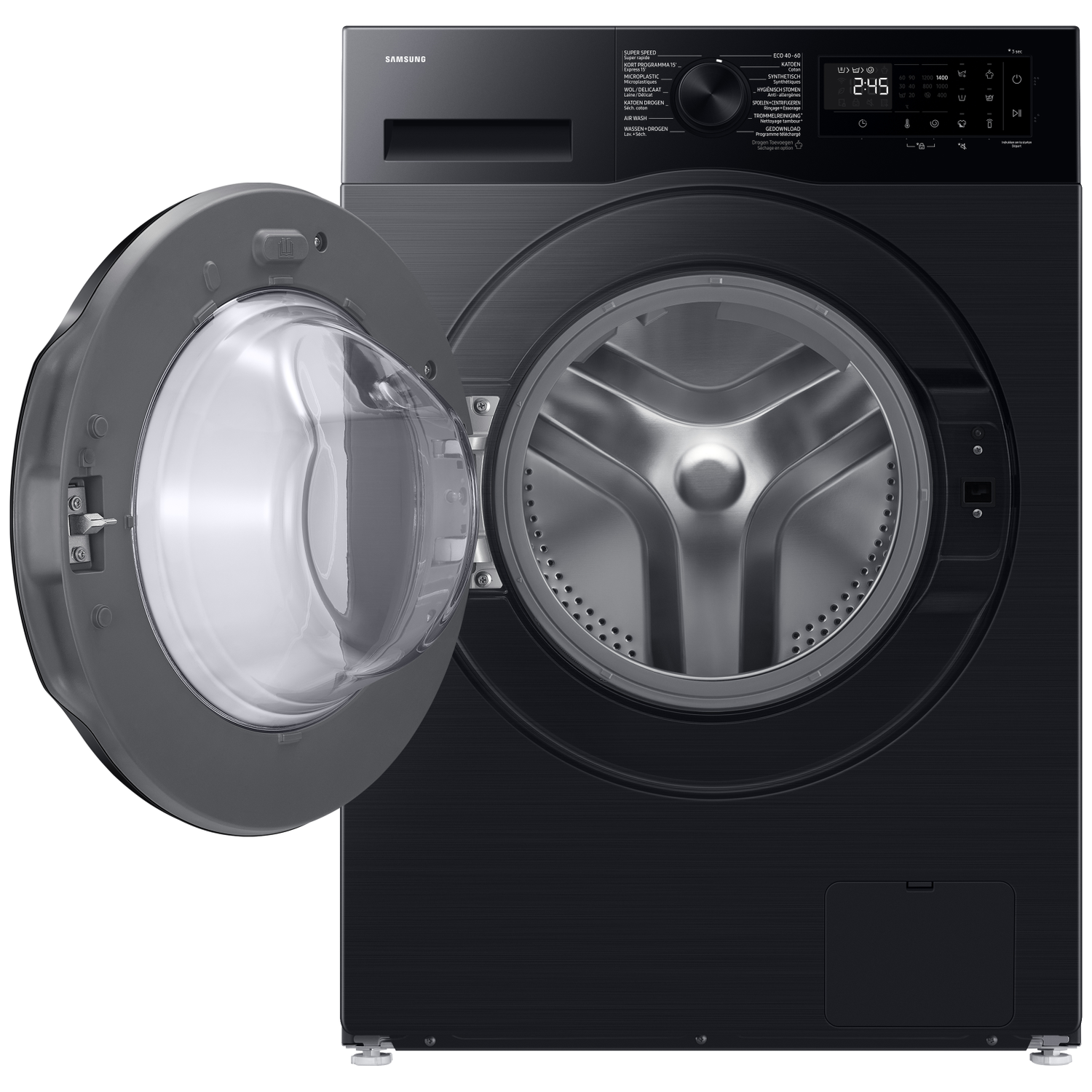 Black Samsung washing machine with open door and digital display.