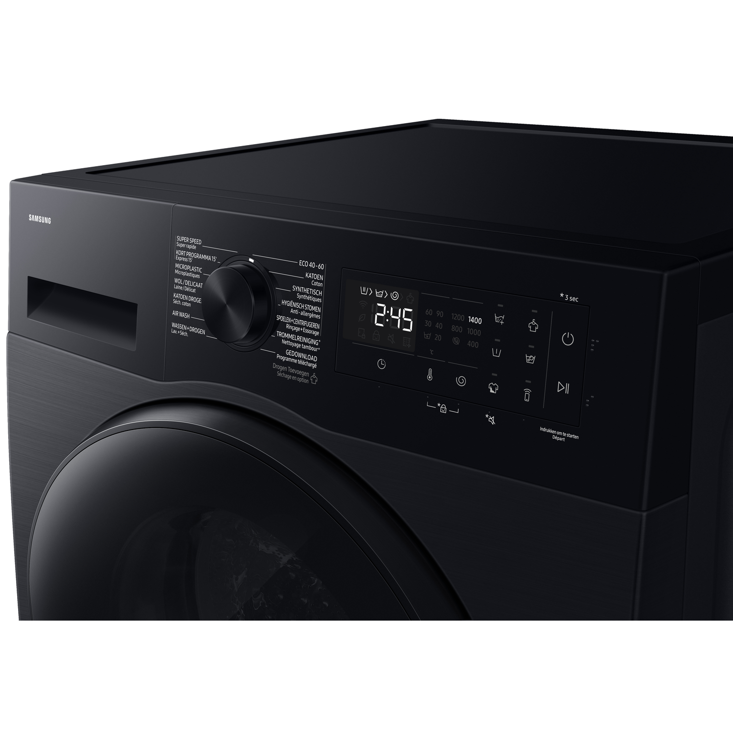 Black Samsung washing machine with digital display and program selection dial.