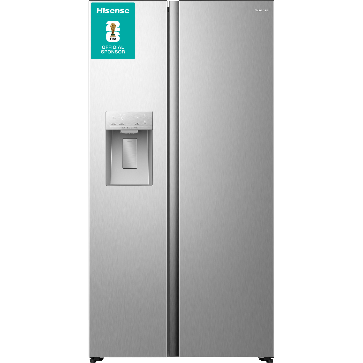 Een zilveren Hisense side-by-side koelkast met water- en ijsdispenser.