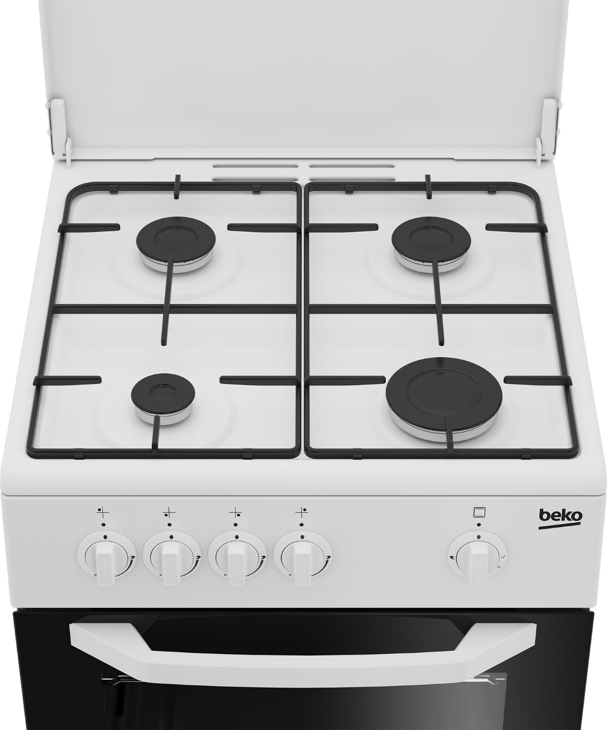 Una estufa de gas Beko blanca con cuatro quemadores, perillas de control y puerta de horno negra.
