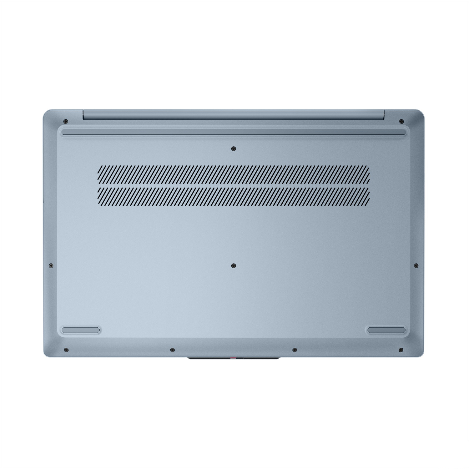 Parte inferiore di un laptop azzurro con prese d'aria e viti.