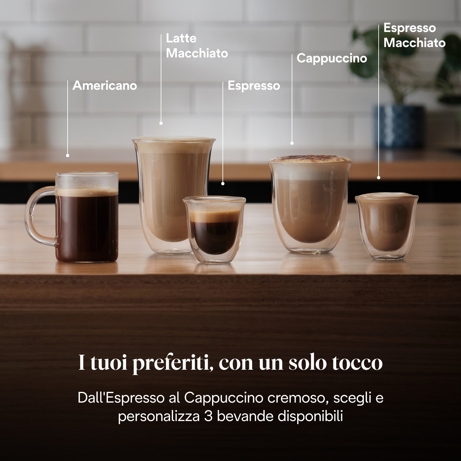 Cinque tipi di caffè: Americano, Latte Macchiato, Espresso, Cappuccino, Espresso Macchiato.