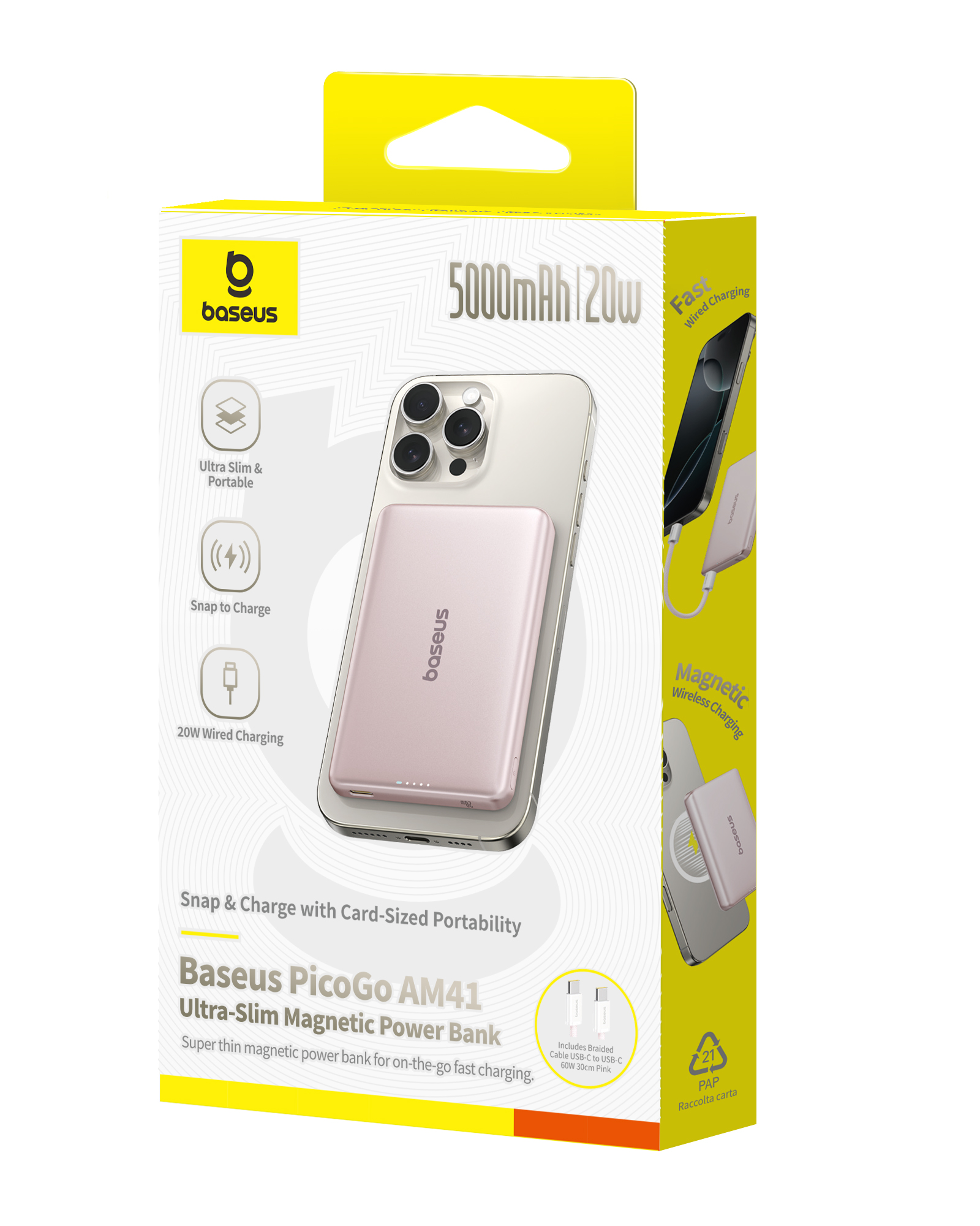 Embalaje de un cargador portátil Baseus PicoGo AM41 con un cargador magnético rosa sujeto a un teléfono.