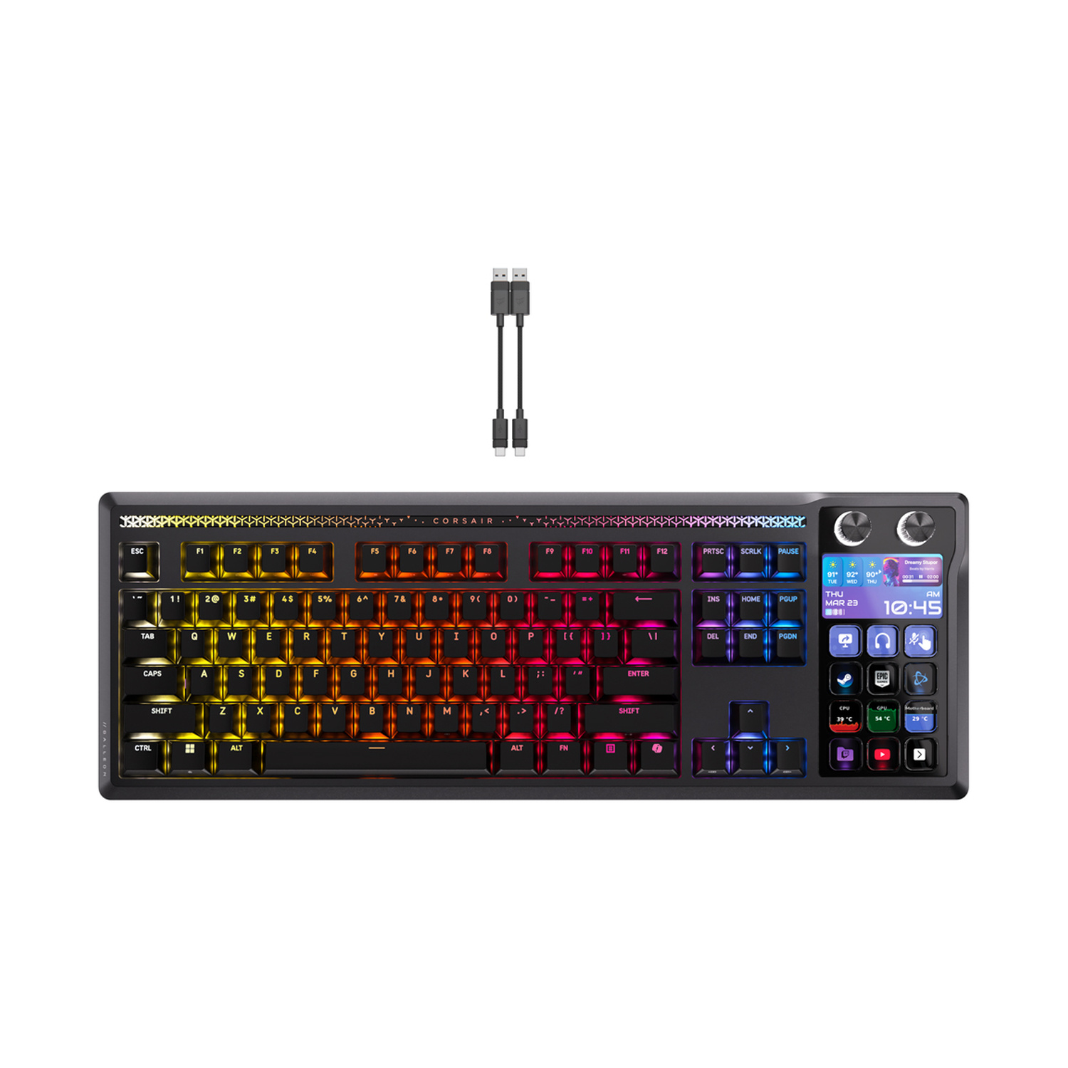 Tastiera nera con illuminazione RGB e piccolo schermo LCD, con cavi.