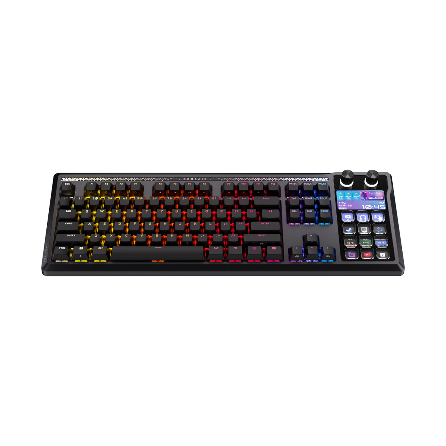 Una tastiera nera con illuminazione RGB che va da sinistra a destra.
