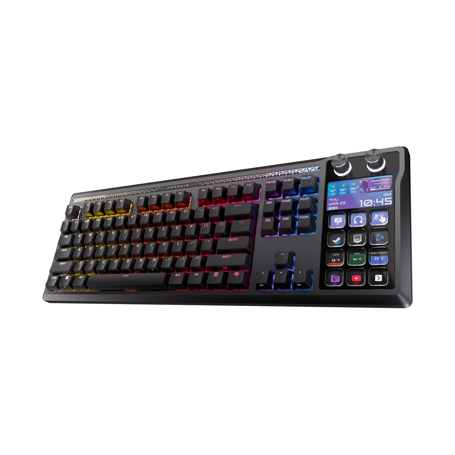 Una tastiera nera con illuminazione RGB e un piccolo schermo LCD.