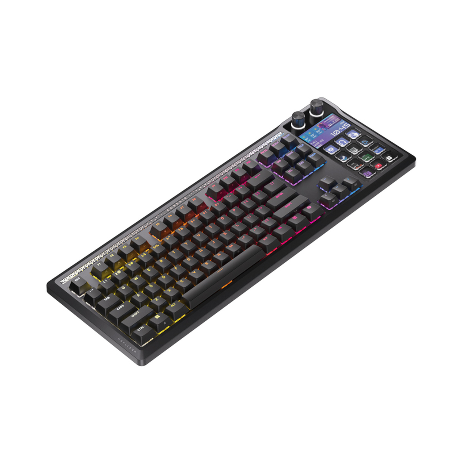 Tastiera nera con retroilluminazione RGB colorata e un piccolo schermo.