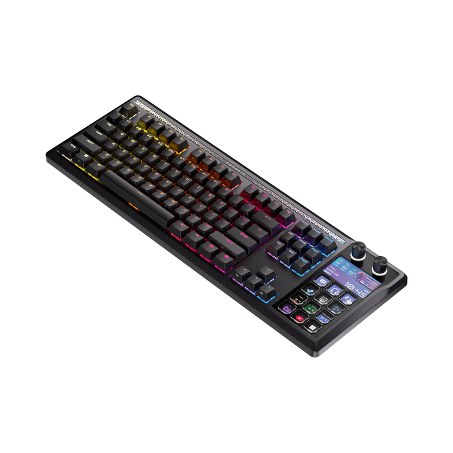 Tastiera nera con illuminazione RGB e un piccolo schermo sul lato.
