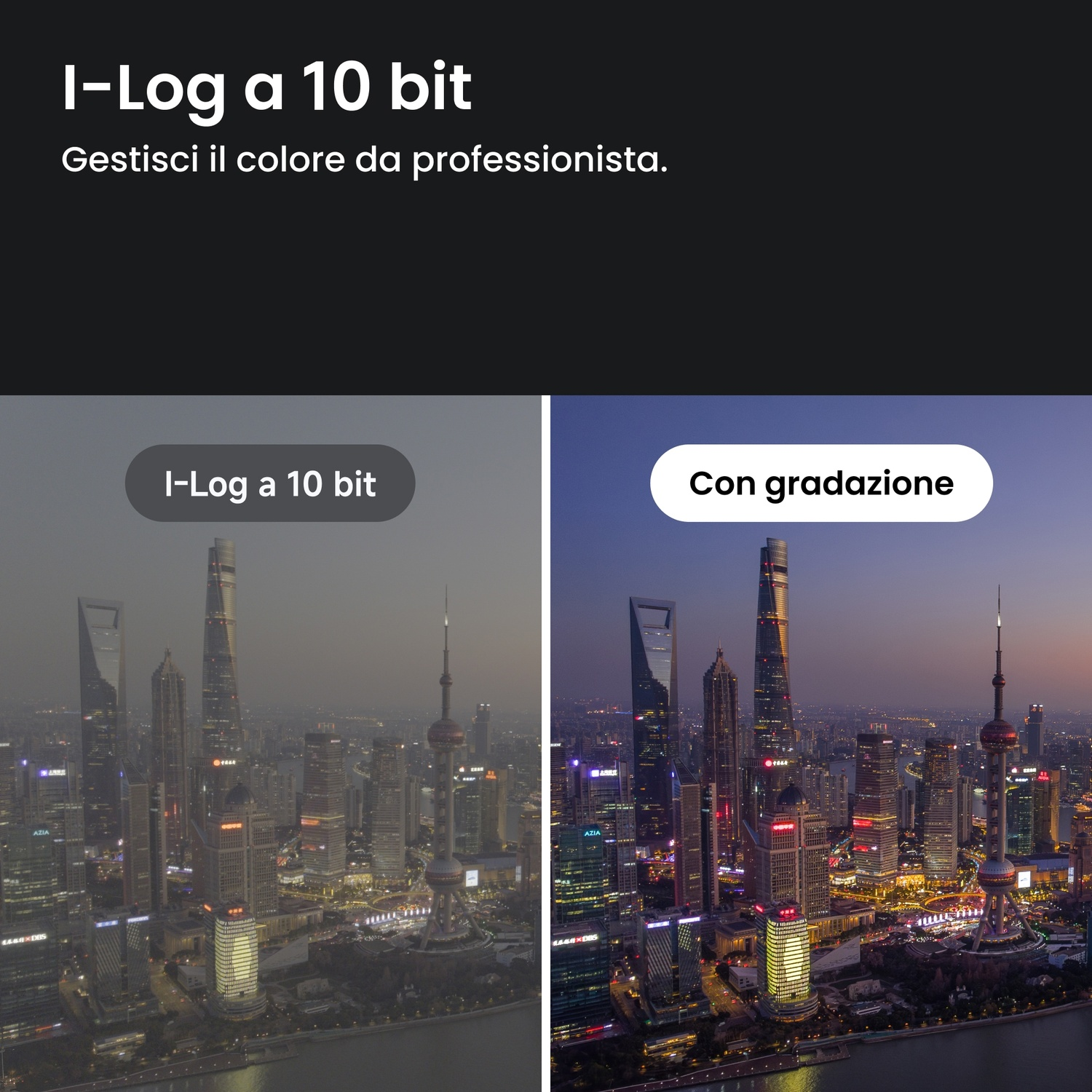 Confronto affiancato dello skyline di Shanghai: I-Log a 10 bit vs. Con gradazione.