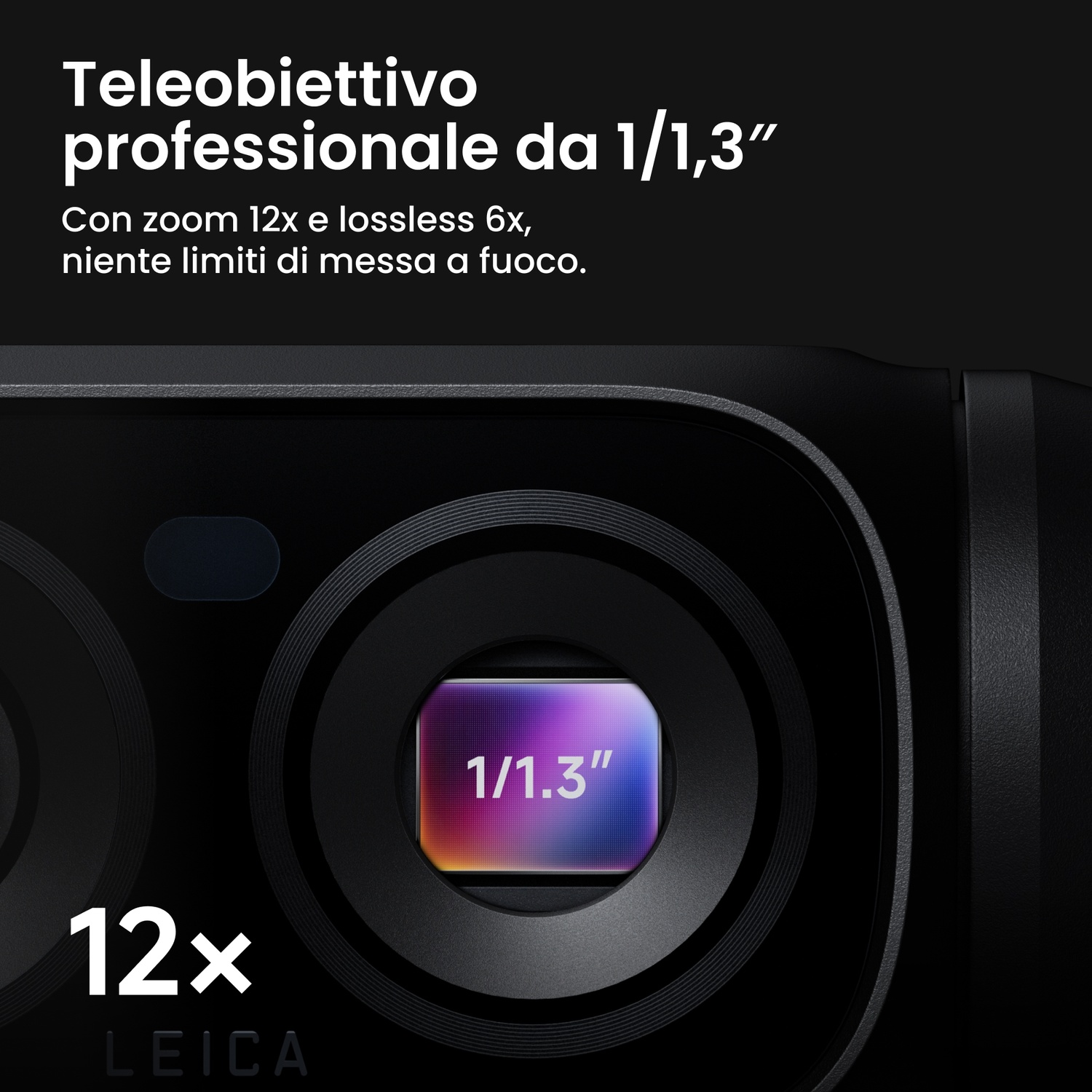 Primo piano di una fotocamera con sensore "1/1,3" e marcatura zoom "12x".