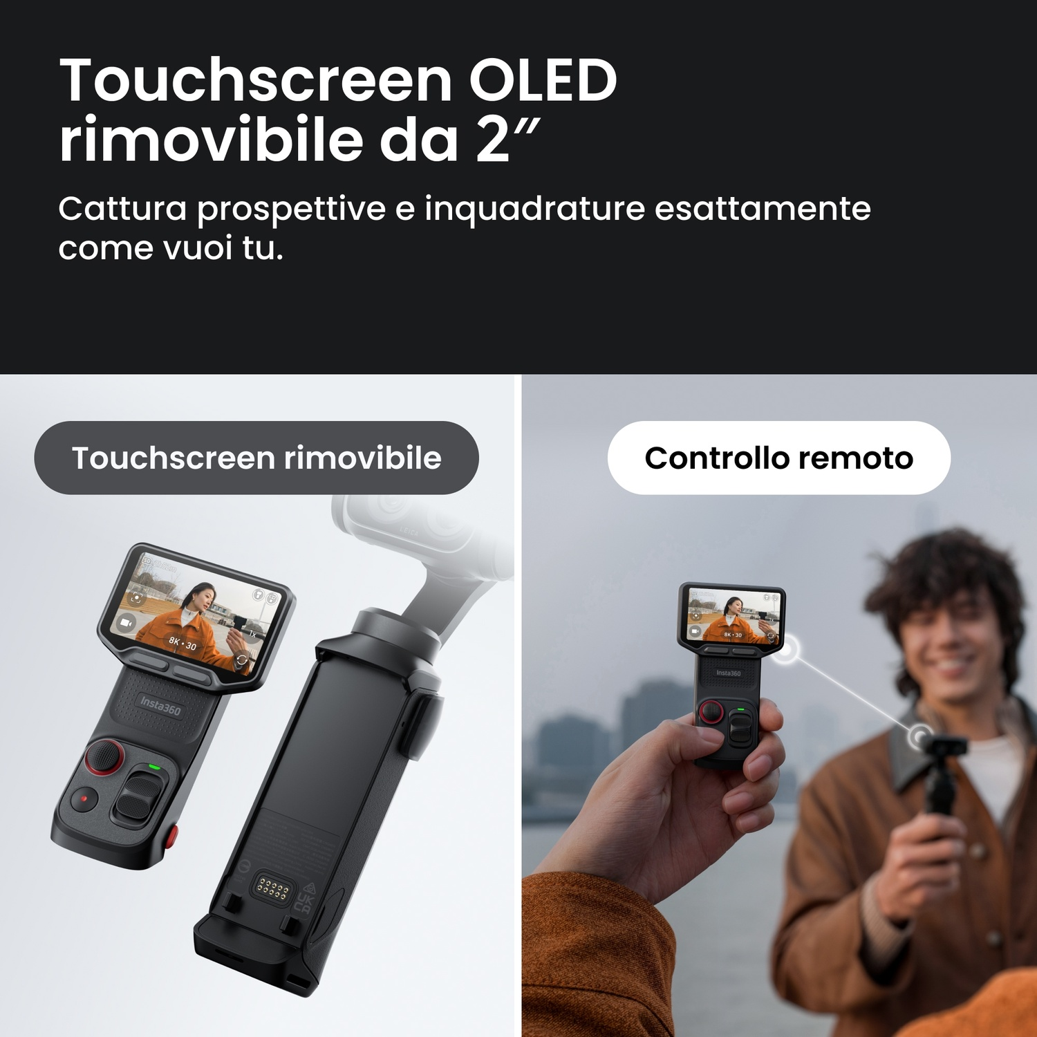 Un gimbal staccabile con touchscreen e funzionalità di telecomando.