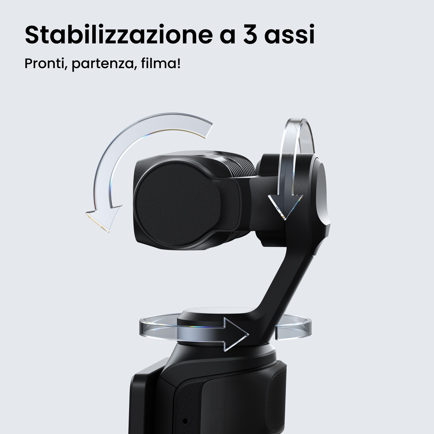 Uno stabilizzatore gimbal nero con frecce che indicano il movimento su 3 assi.