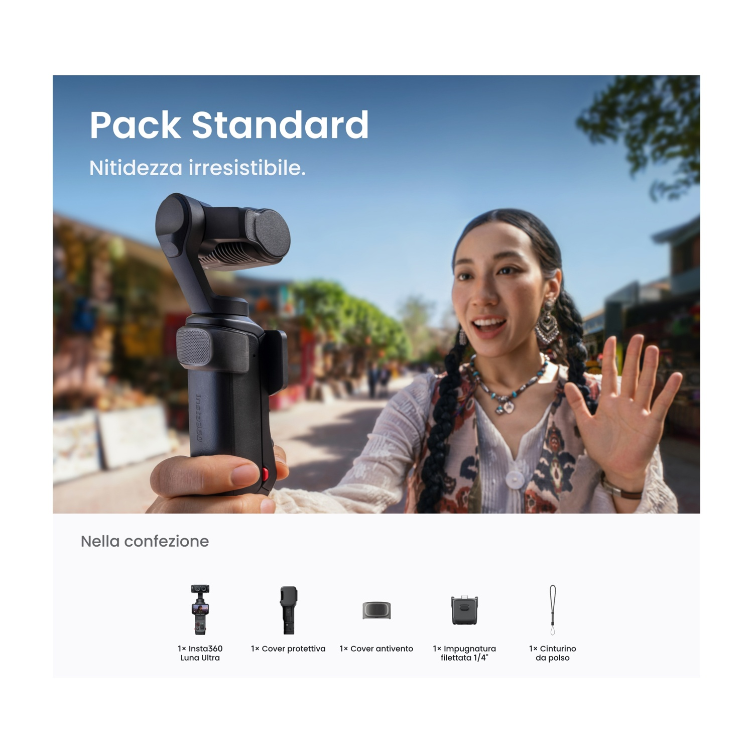 Donna che tiene un gimbal; accessori elencati sotto.