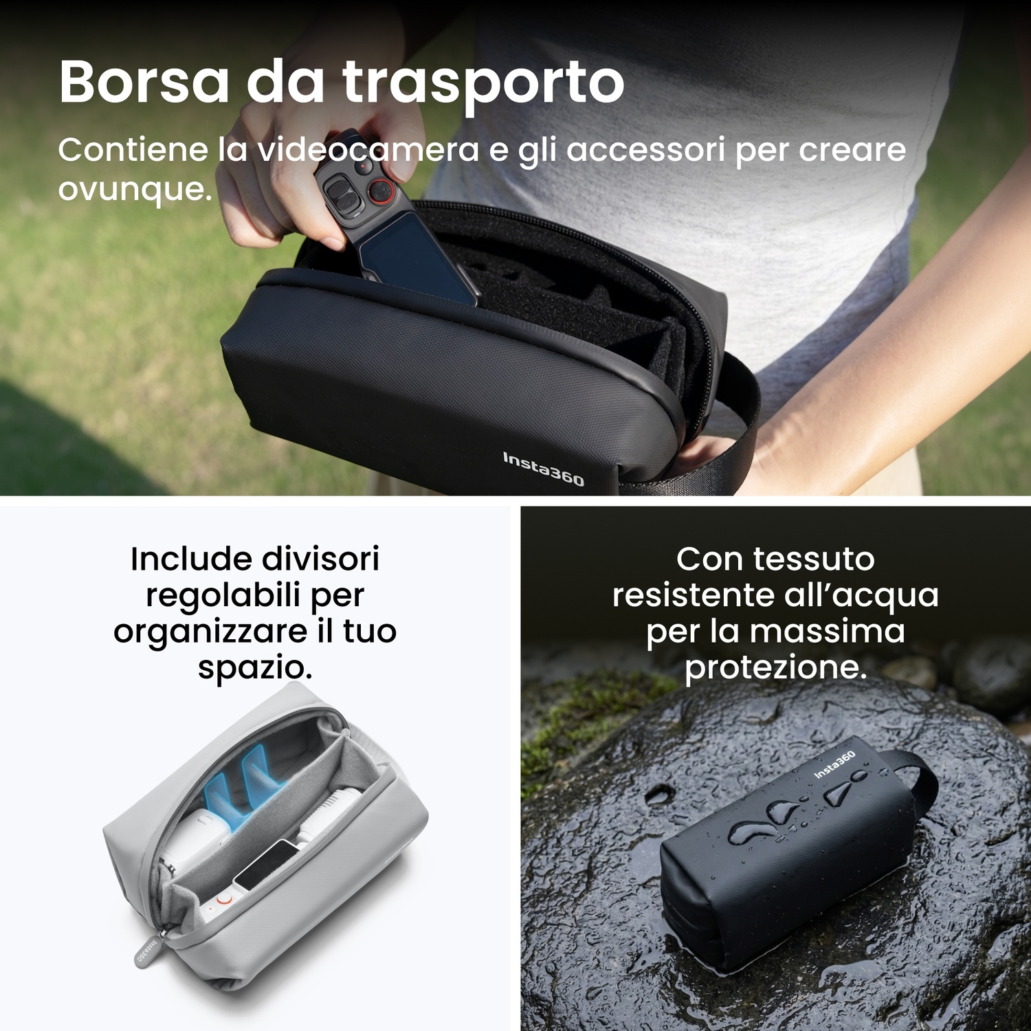Una borsa nera con videocamera e un astuccio grigio con accessori.