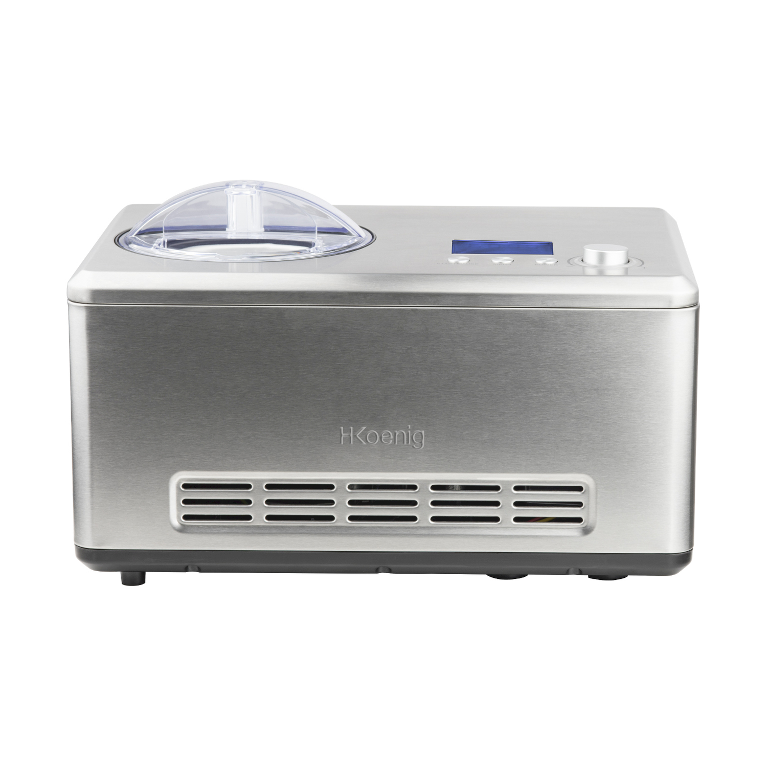 Una gelatiera argentata con coperchio trasparente e display digitale.