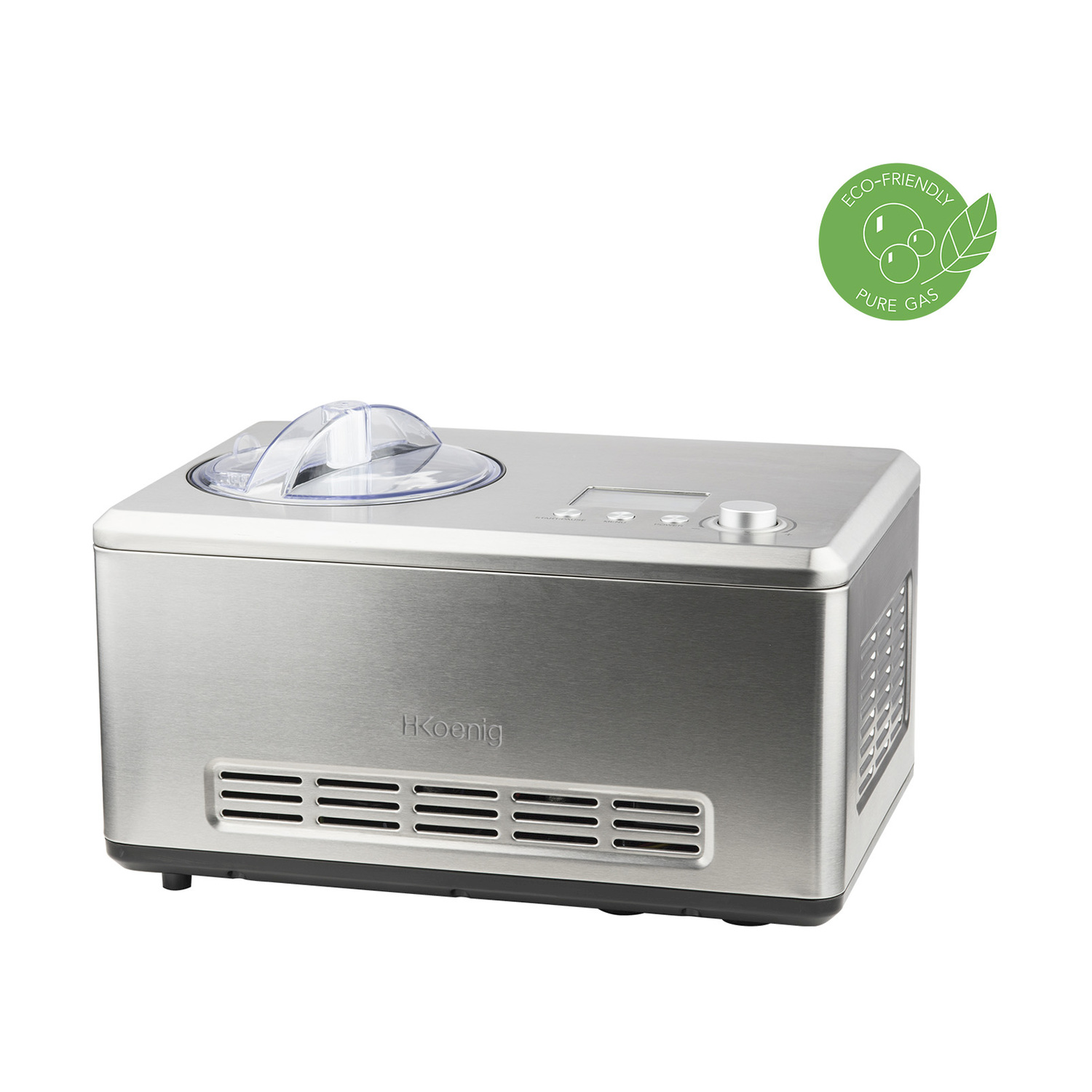 Macchina per gelato in acciaio inox con coperchio trasparente ed etichetta ecologica.