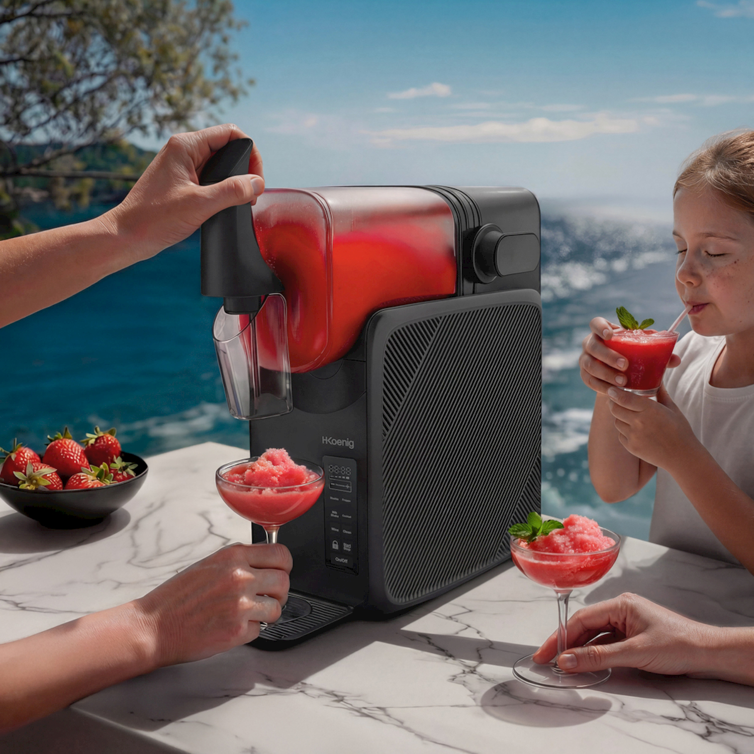 Una donna fa il granita di fragole, una bambina lo beve al mare.