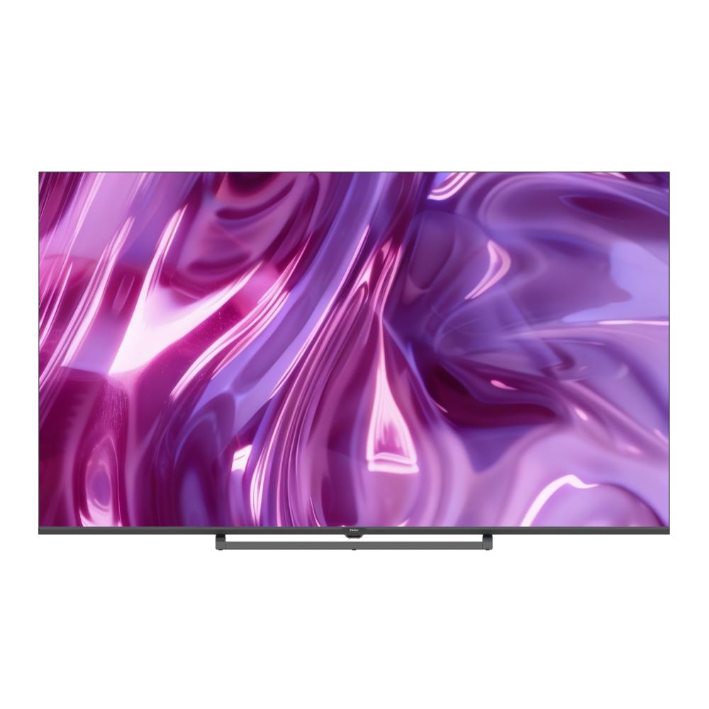 Un televisor moderno que muestra un fondo abstracto de color morado.