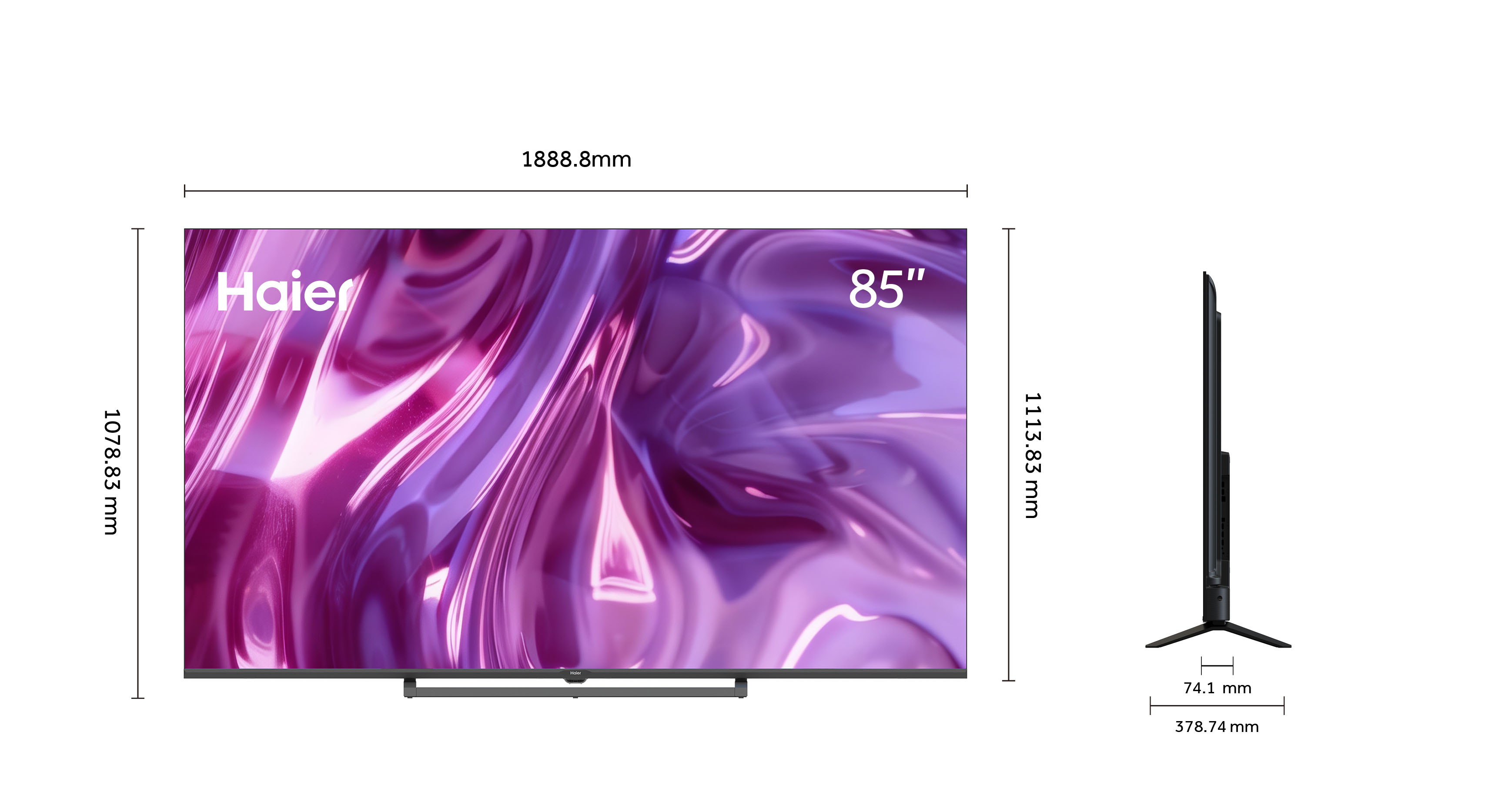 Un televisor de 85 pulgadas con pantalla abstracta morada y dimensiones.