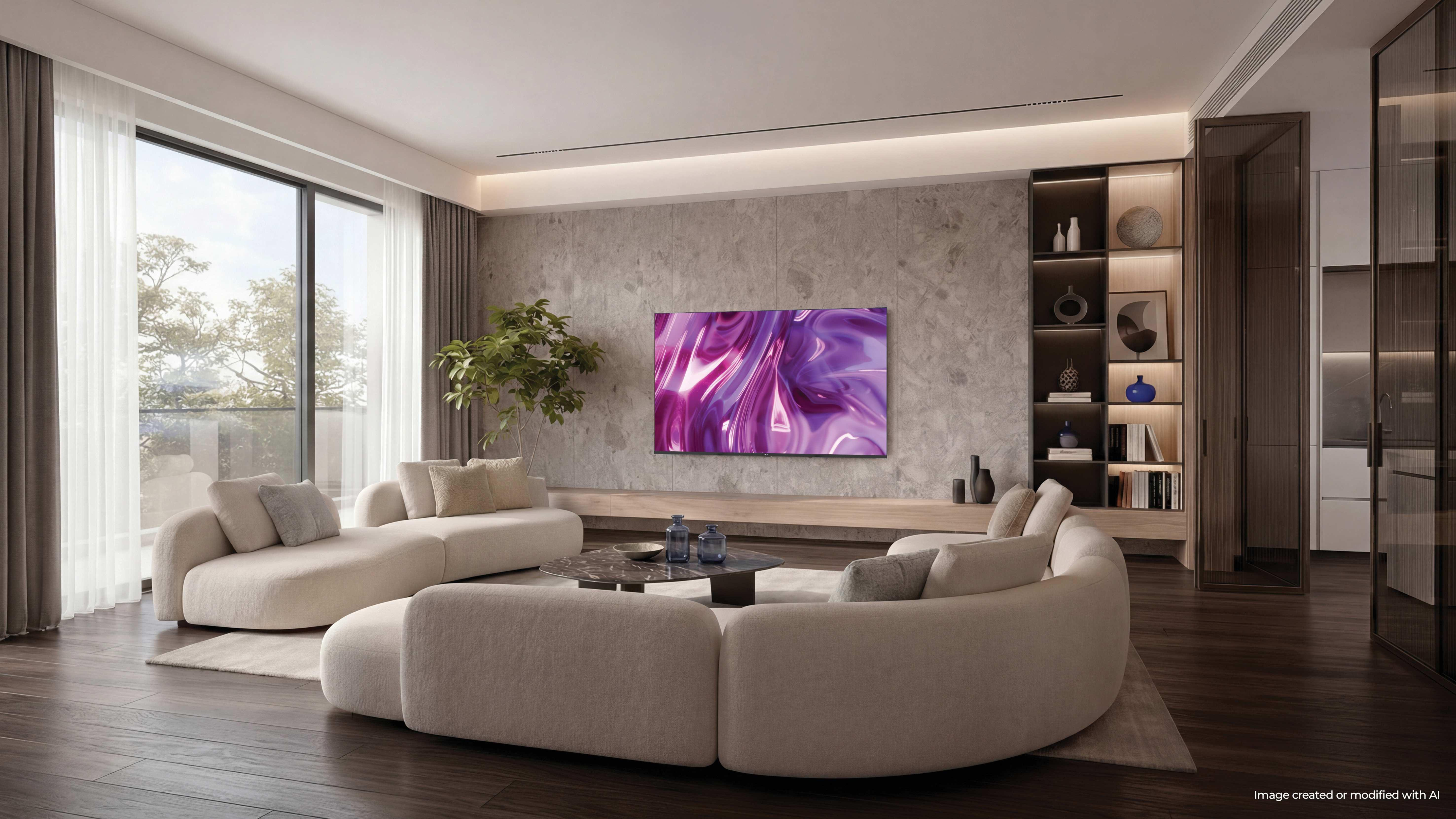 Sala de estar moderna con sofá curvo, arte en la pared y mueble acristalado.