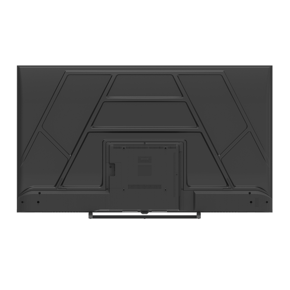 Vista trasera de un televisor negro con rejillas de ventilación y puertos.