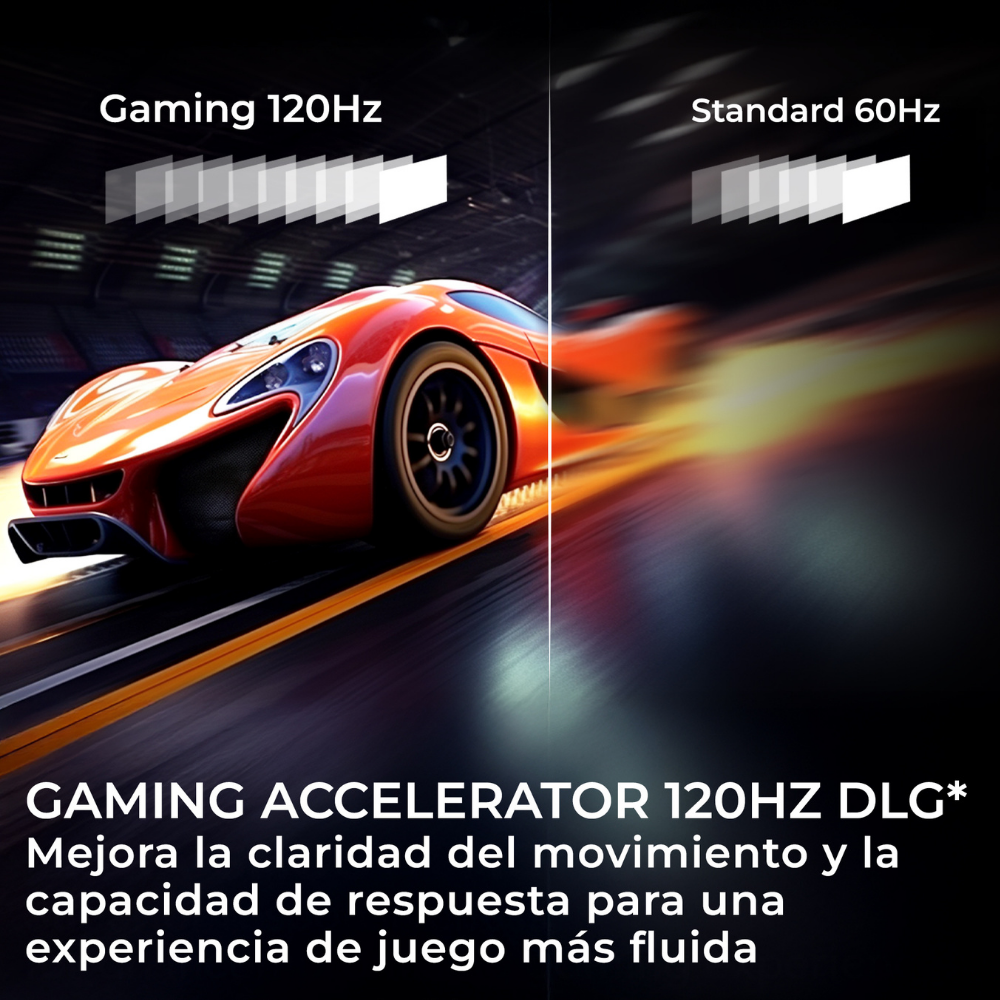 Gaming 120Hz vs Standard 60Hz. Gaming Accelerator 120Hz DLG. Mejora la claridad del movimiento para una experiencia más fluida.