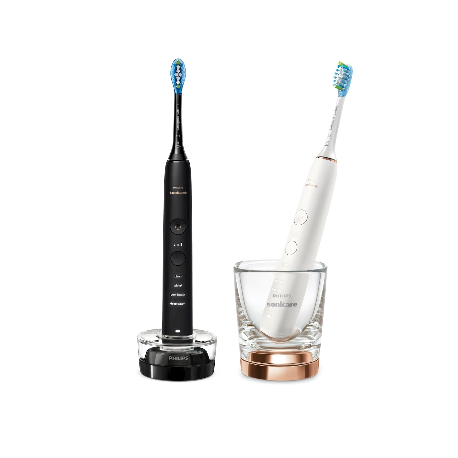 Due spazzolini Philips Sonicare, uno nero e uno bianco, si ergono fianco a fianco.