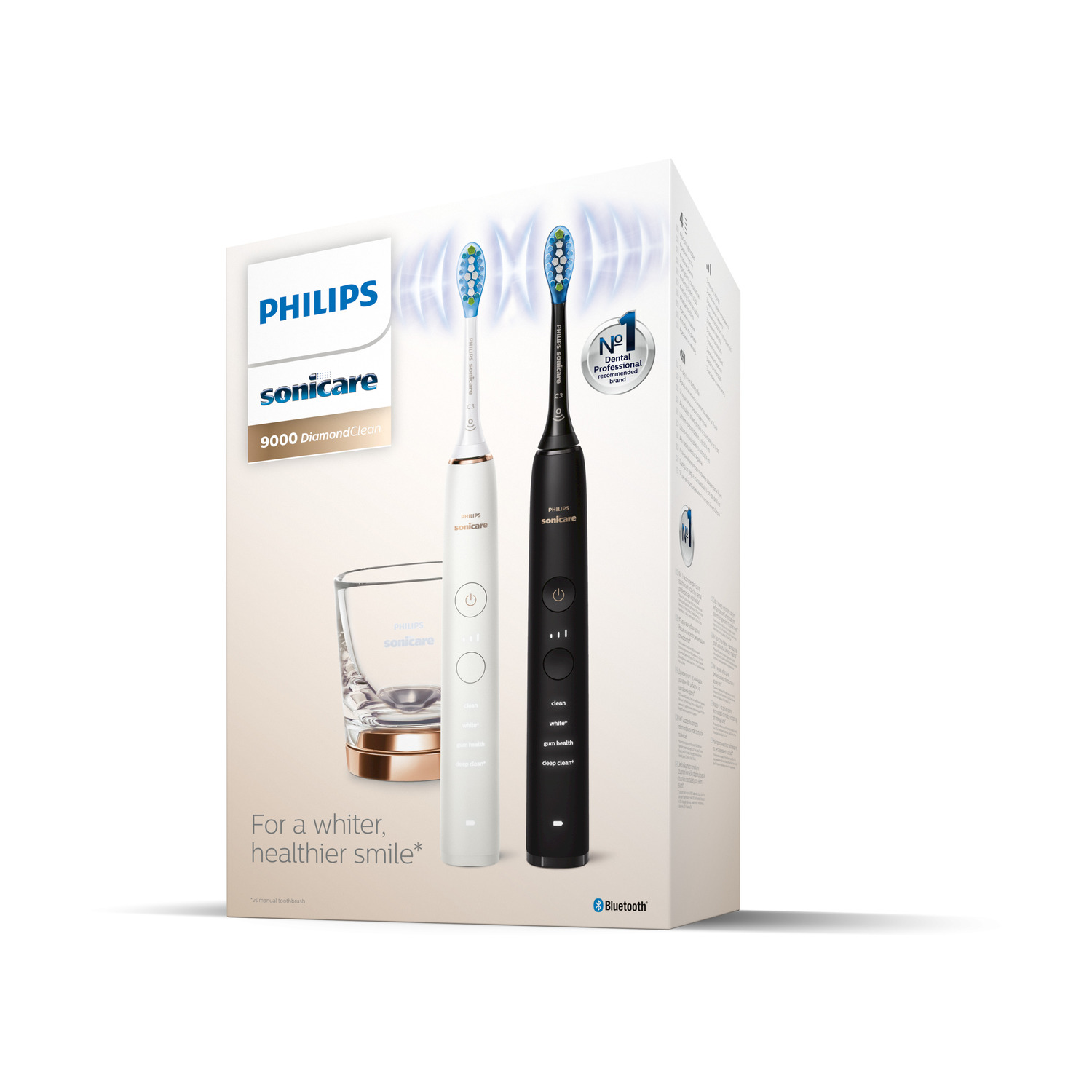 Scatola Philips Sonicare DiamondClean 9000 con spazzolini bianchi e neri e caricatore in vetro.