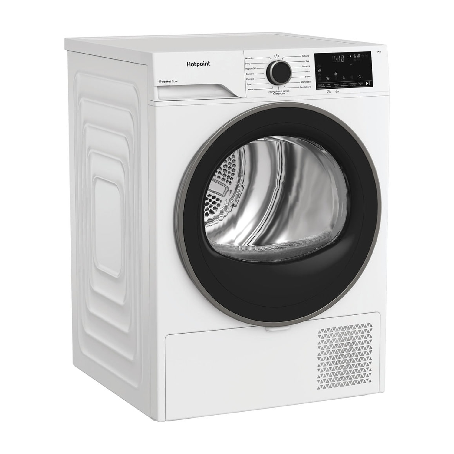 Asciugatrice bianca Hotpoint con finiture nere, display digitale e manopole.