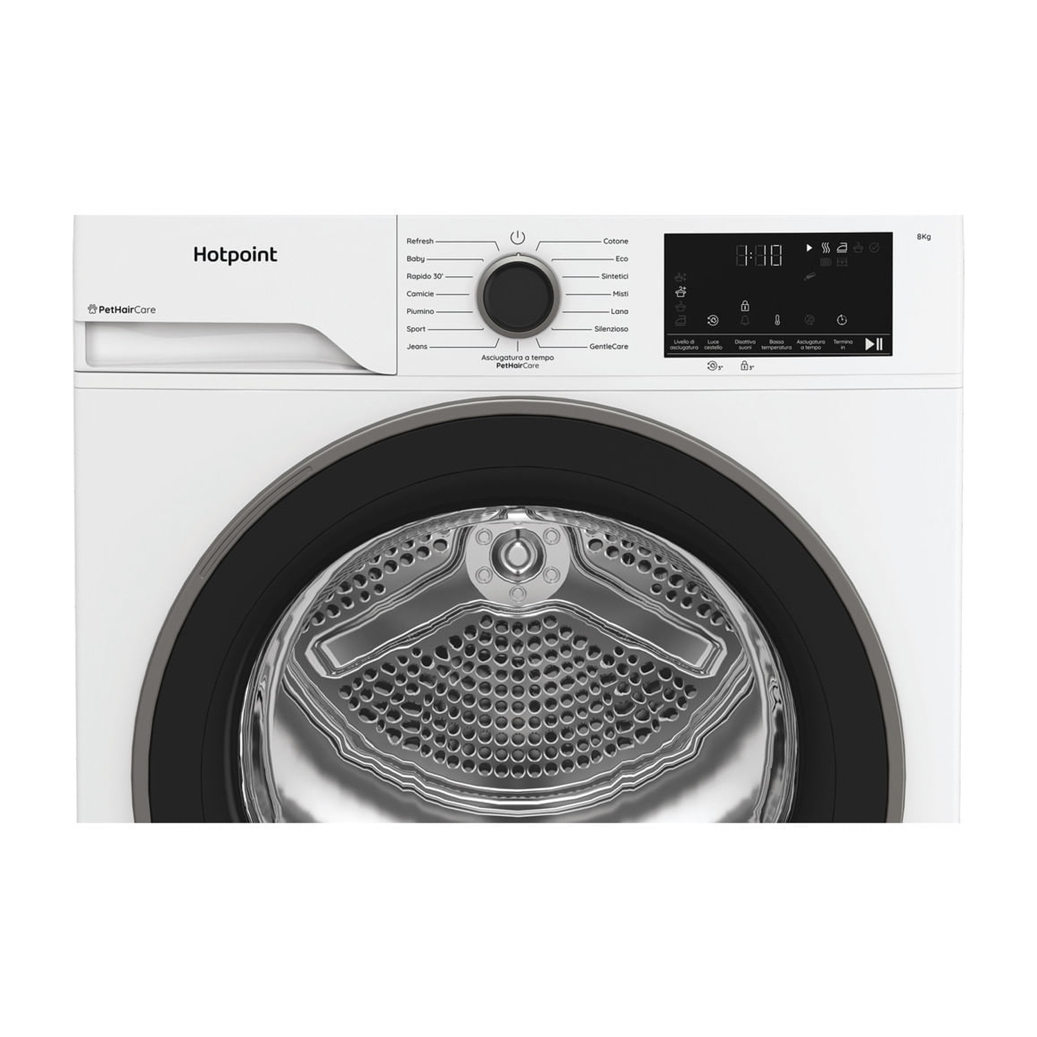 Asciugatrice Hotpoint bianca con display digitale e cestello rotondo.