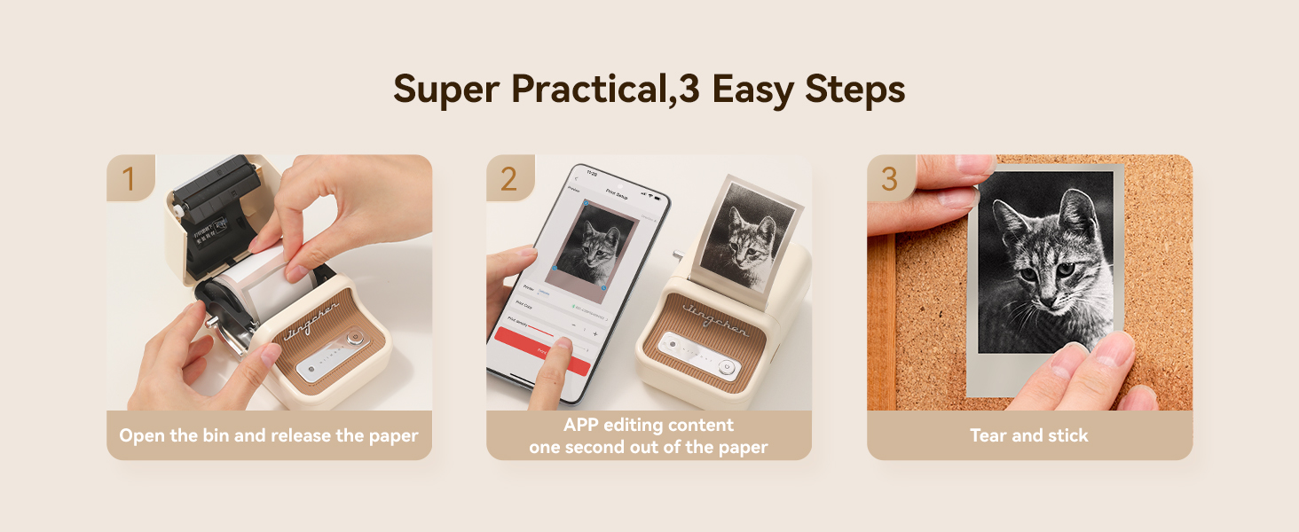 3 Schritte: Papier einlegen, App bearbeiten, Foto Katze drucken & kleben.
