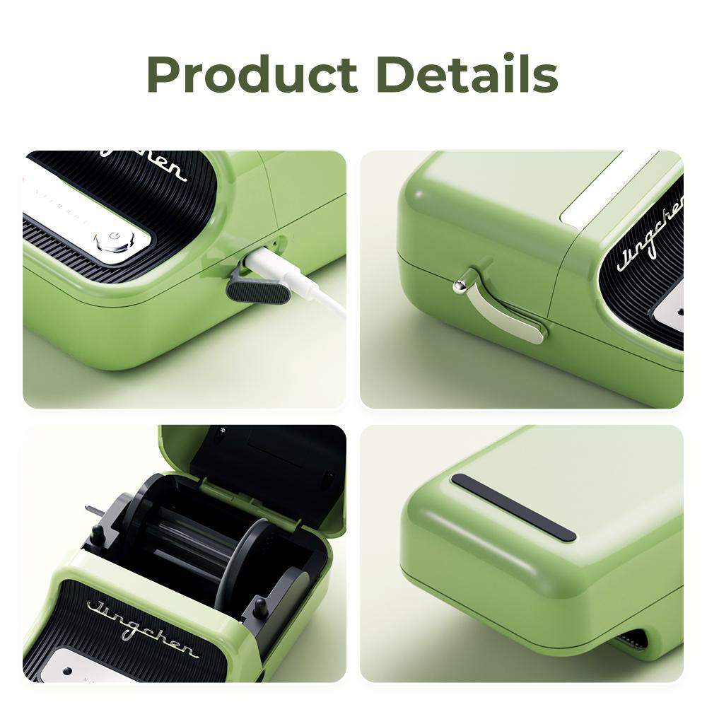 Ein grünes Gerät mit USB-Anschluss, Griff und offenem Fach.
