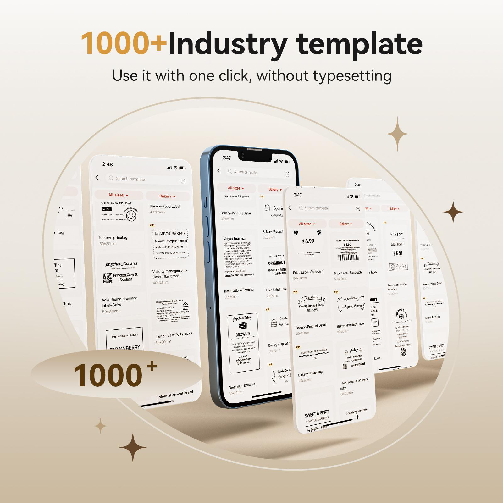 Mehrere Smartphone-Bildschirme zeigen eine App mit Bäckereiproduktetiketten und Preisschildern.