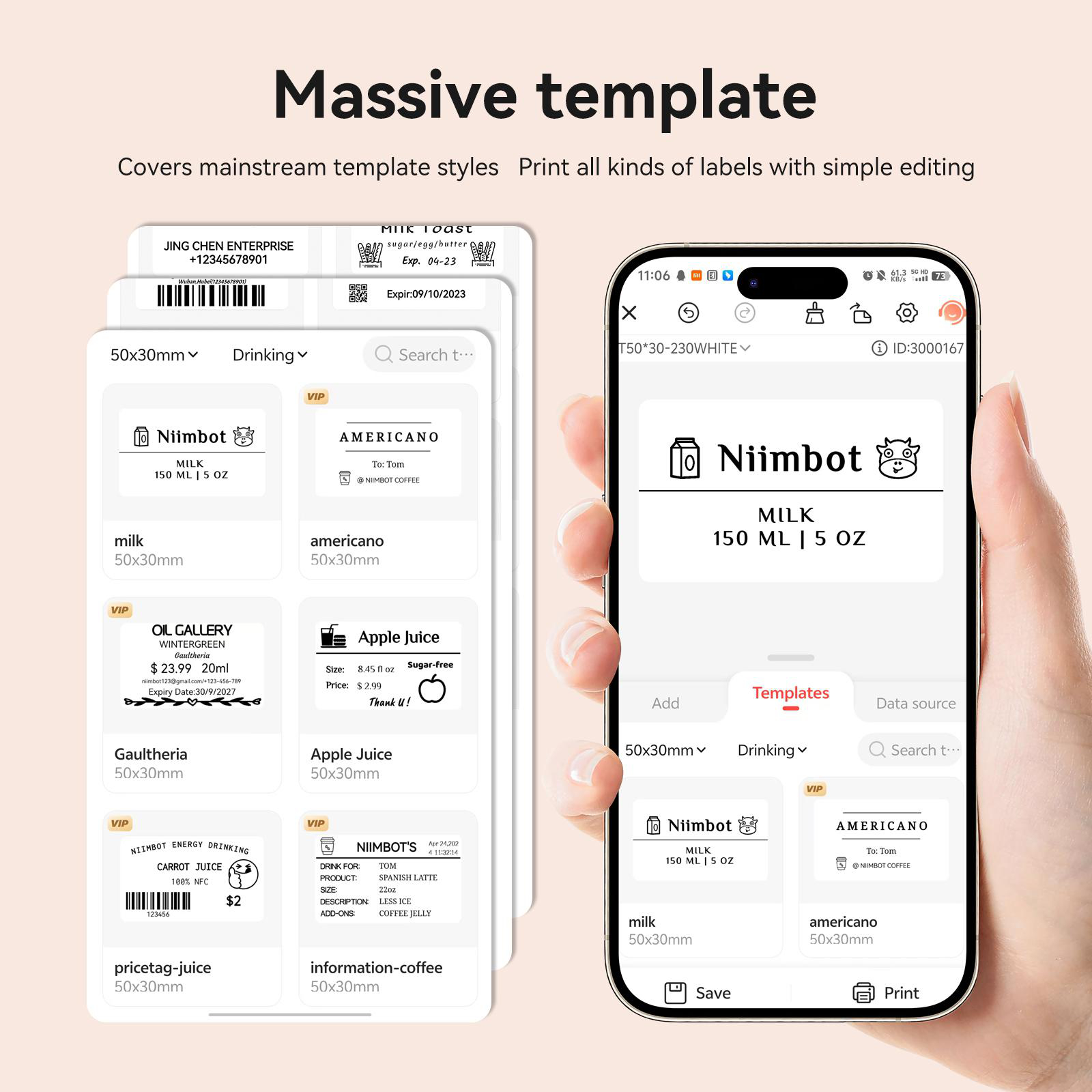 Eine Handy-App zeigt Label-Vorlagen für Produkte wie Milch, Americano und Apfelsaft.
