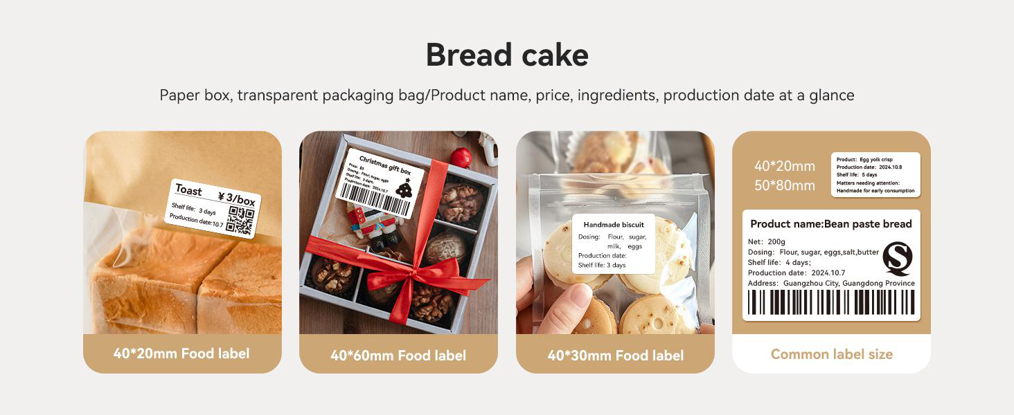 Verpackungen mit Brot, Keksen und Geschenken, mit Etiketten und Größenangaben.