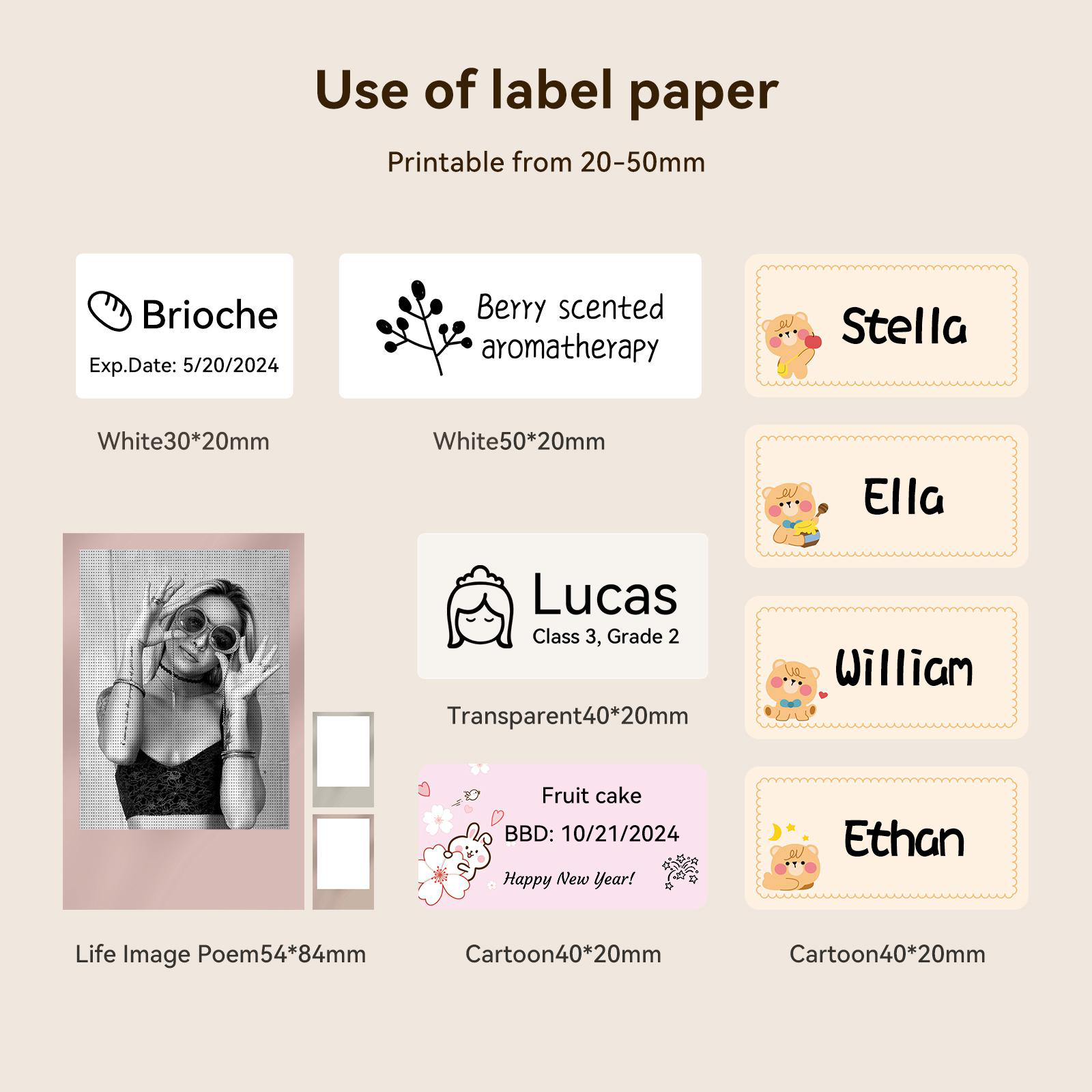 Collage von Etikettenpapierbeispielen mit Text und Bildern.