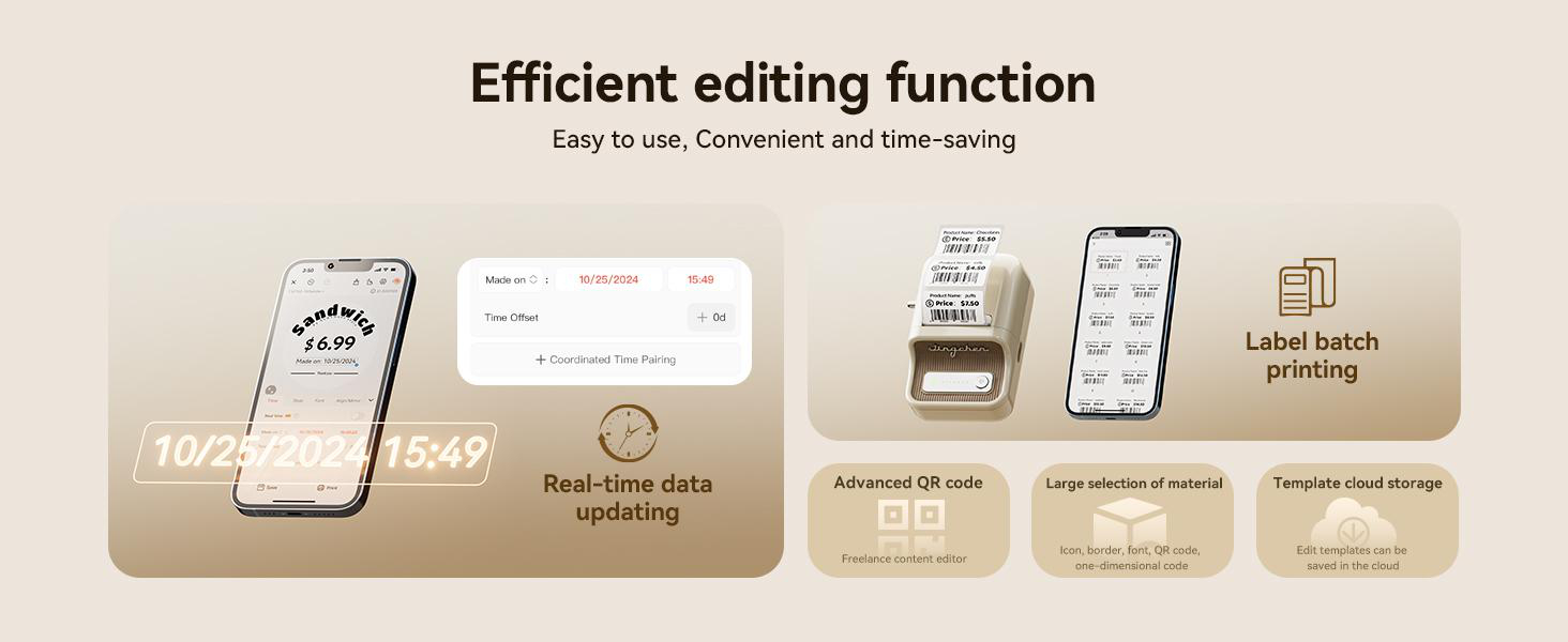 Bildschirm mit Preisetiketten, Drucker und Smartphone, die Funktionen der App zeigen.