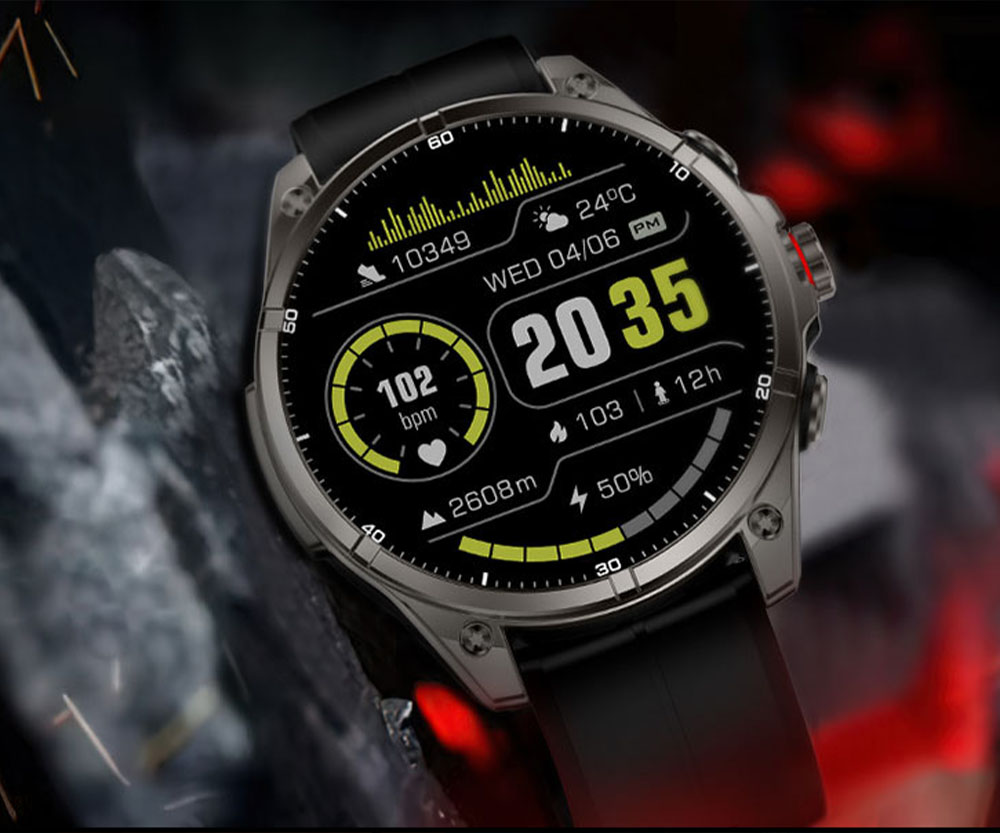 Egy okosóra mutatja a 20:35 időt, 102 bpm pulzusszámot, 2608m magasságot, 50% akkut.