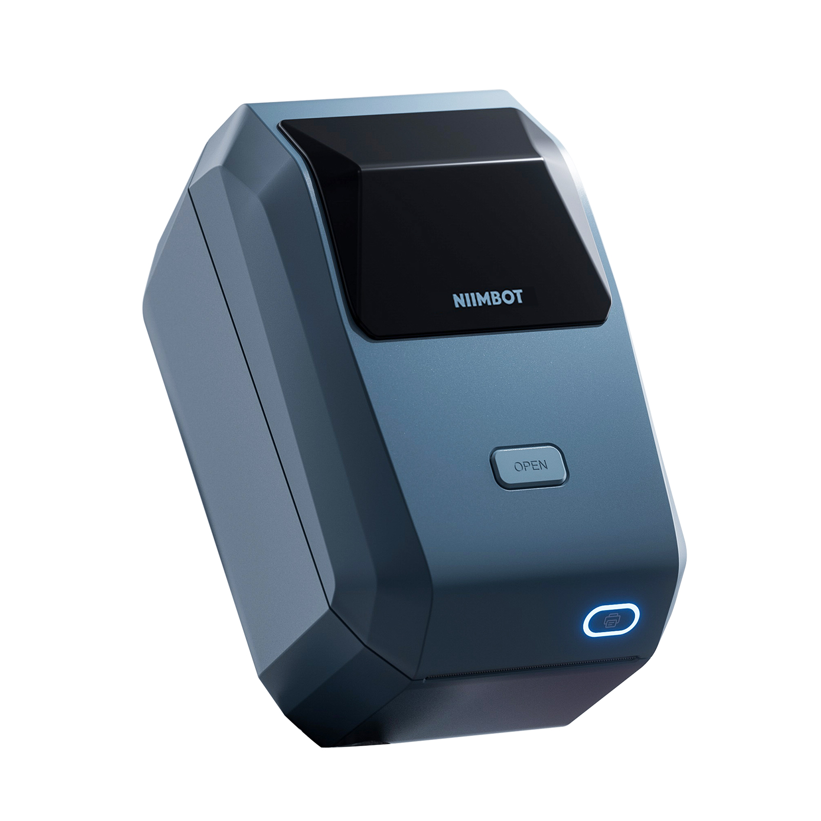 Ein blauer Niimbot-Drucker mit schwarzem oberen Bereich und offenem Knopf.