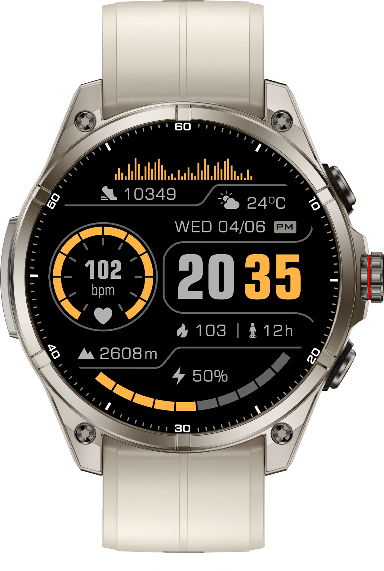 Okosóra kijelző: 20:35, 102 bpm, 2608m, 10349 lépés, 24C, 50% akku.