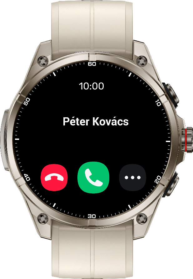 Okosóra Péter Kovács bejövő hívást mutat 10:00-kor. Opciók: elutasít, fogad, több.