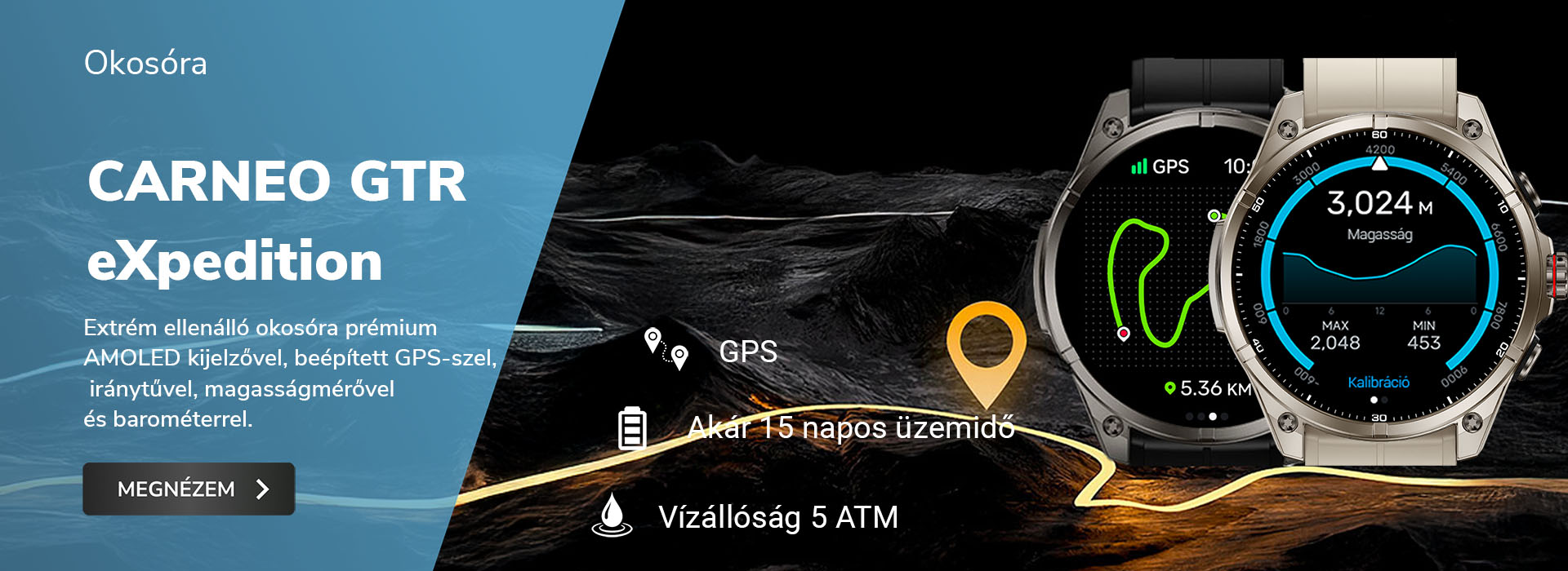 Okosóra GPS-szel, magasságmérővel és iránytűvel sötét háttéren.