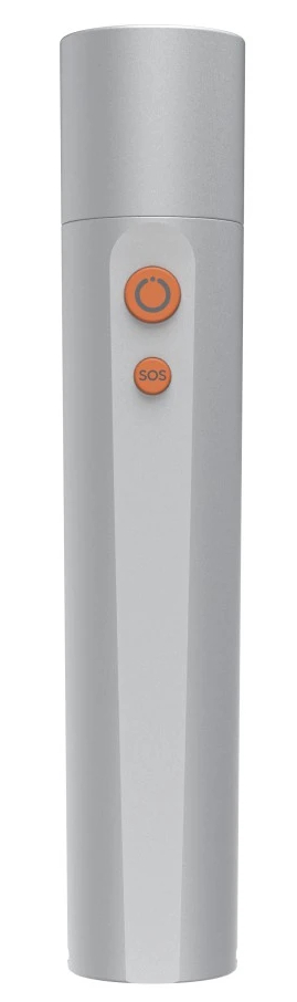 Szary cylinder z dwoma pomarańczowymi przyciskami: zasilanie i SOS.