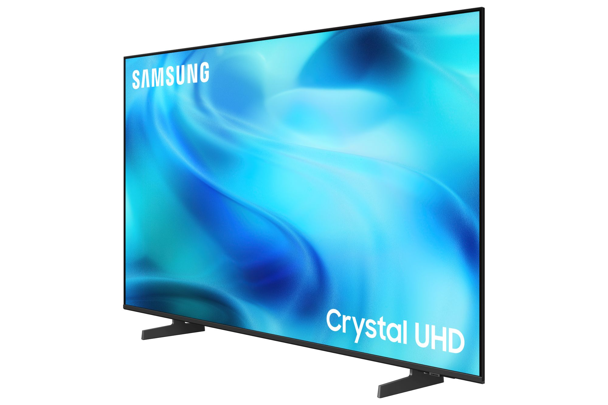 Un televisor Samsung Crystal UHD sobre un soporte oscuro con fondo azul.