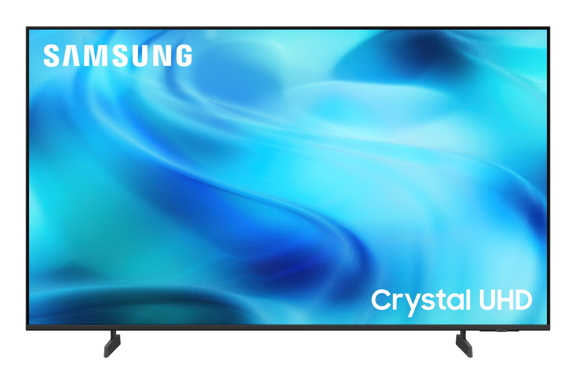 Un televisor Samsung Crystal UHD con fondo azul.