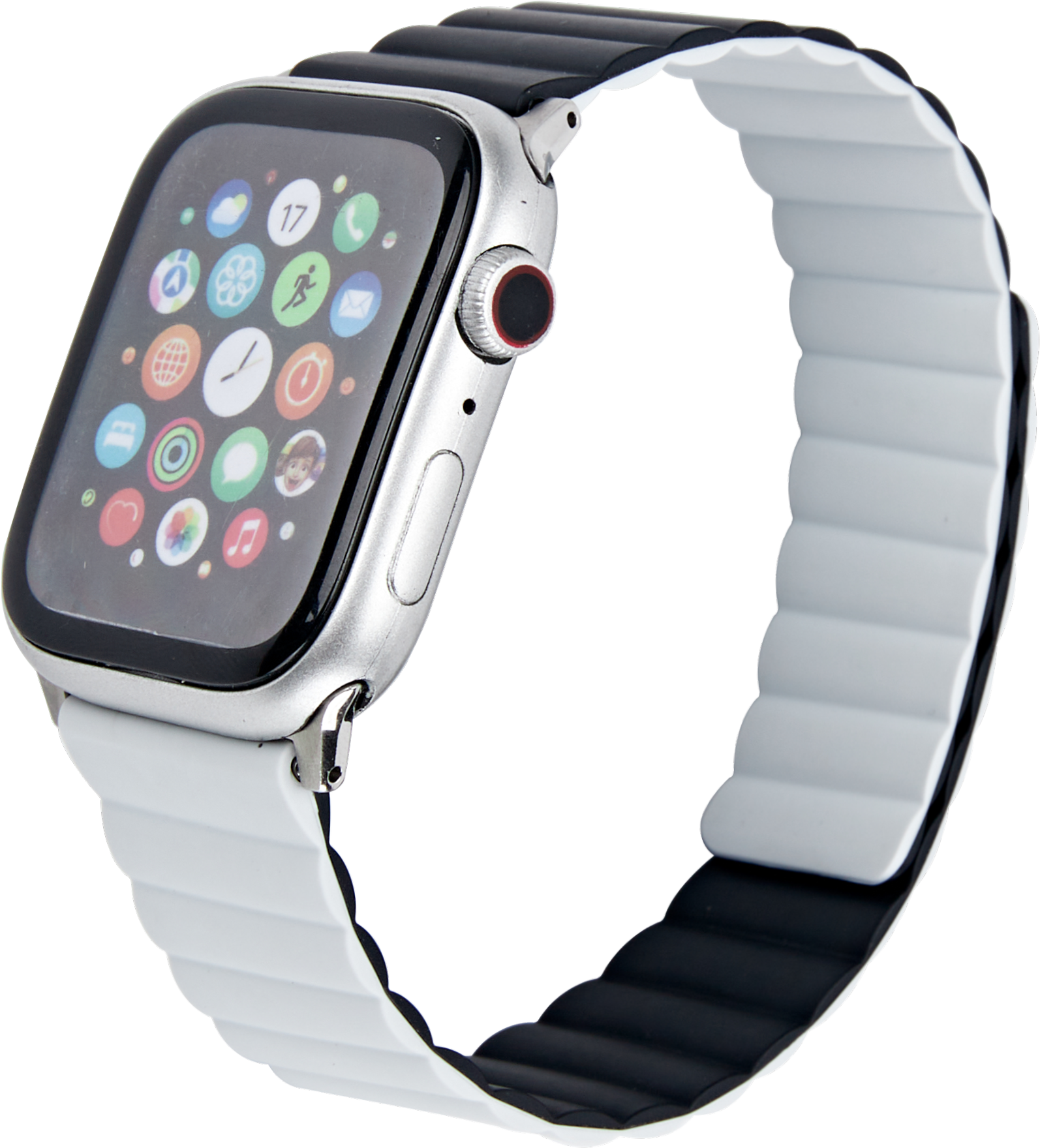 Eine silberne Smartwatch mit weißem und schwarzem Armband auf schwarzem Hintergrund.