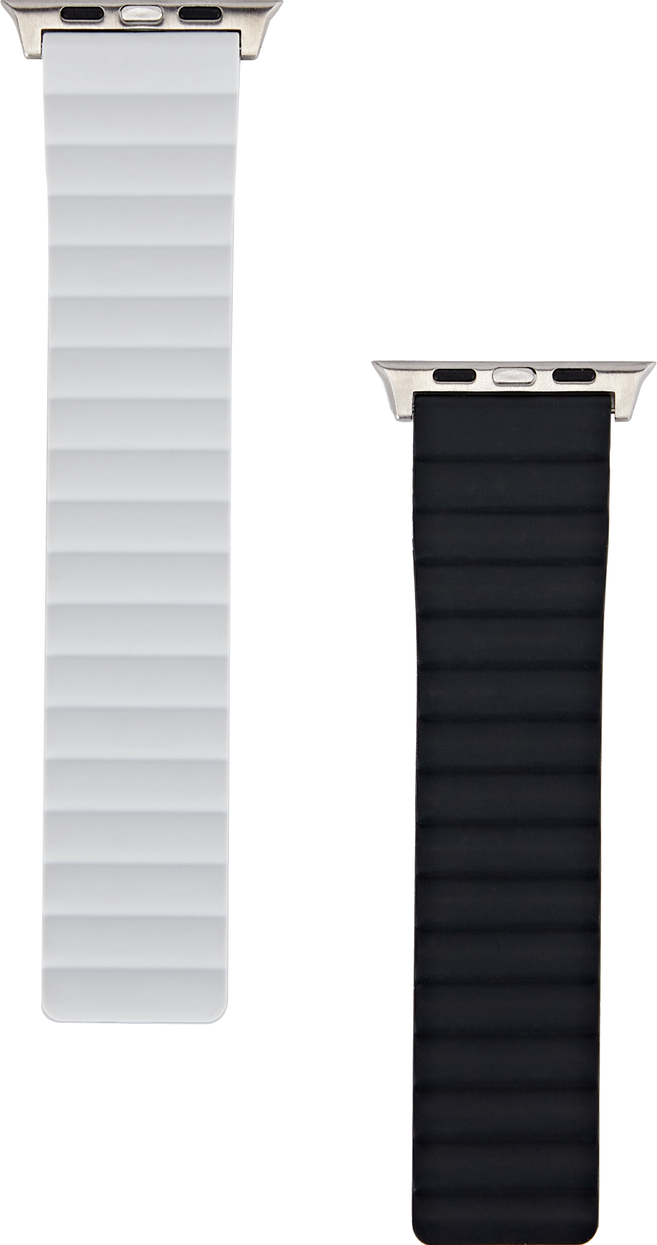 Ein weißes und ein schwarzes Armband für eine Smartwatch, mit geriffelter Textur.