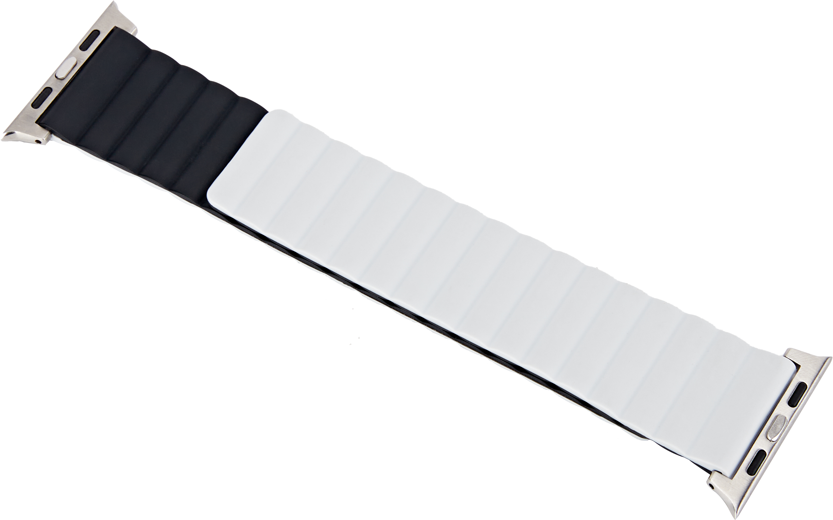 Ein weißes Apple Watch Band mit schwarzer Innenseite und silbernen Anschlüssen.