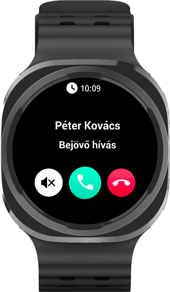 Egy okosóra bejövő hívást mutat Péter Kovácstól 10:09-kor.